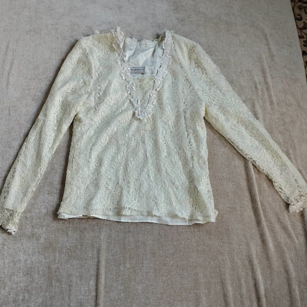Jessica McClintock White Wedding Romantic Vintage Long Sleeve Lace Top